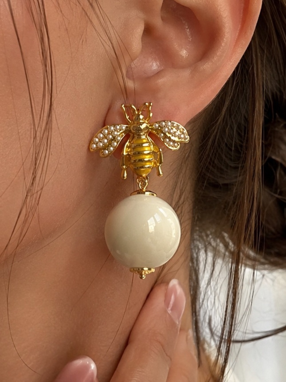 Gold Bee Drop Earrings with Cream Orb